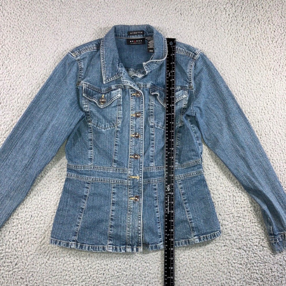 Axcess Denim Jacket Women Medium Blue Stretch Tailored Button Up y2k Peplum Hem - Picture 5 of 10